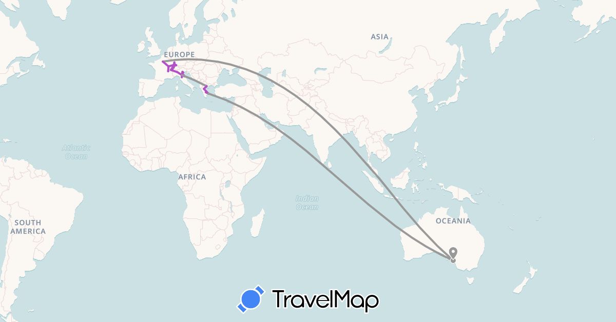 TravelMap itinerary: driving, plane, train in Australia, Switzerland, Germany, France, Greece, Italy, Singapore (Asia, Europe, Oceania)